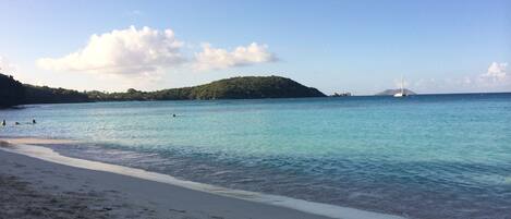 A beach with clear turquoise water, a sandy shore, and a distant sailboat.