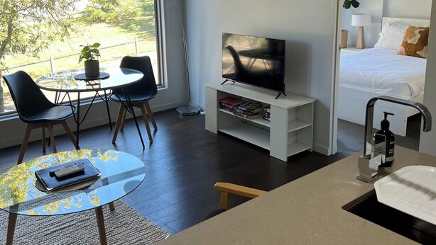 A modern hotel room with a TV, seating area, and a bed. - Centrepoint Units Heidelberg (Heidelberg)