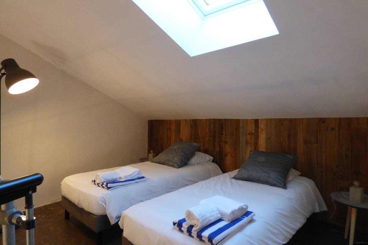 Een kamer met twee bedden, een dakraam, een nachtkastje en een lamp.