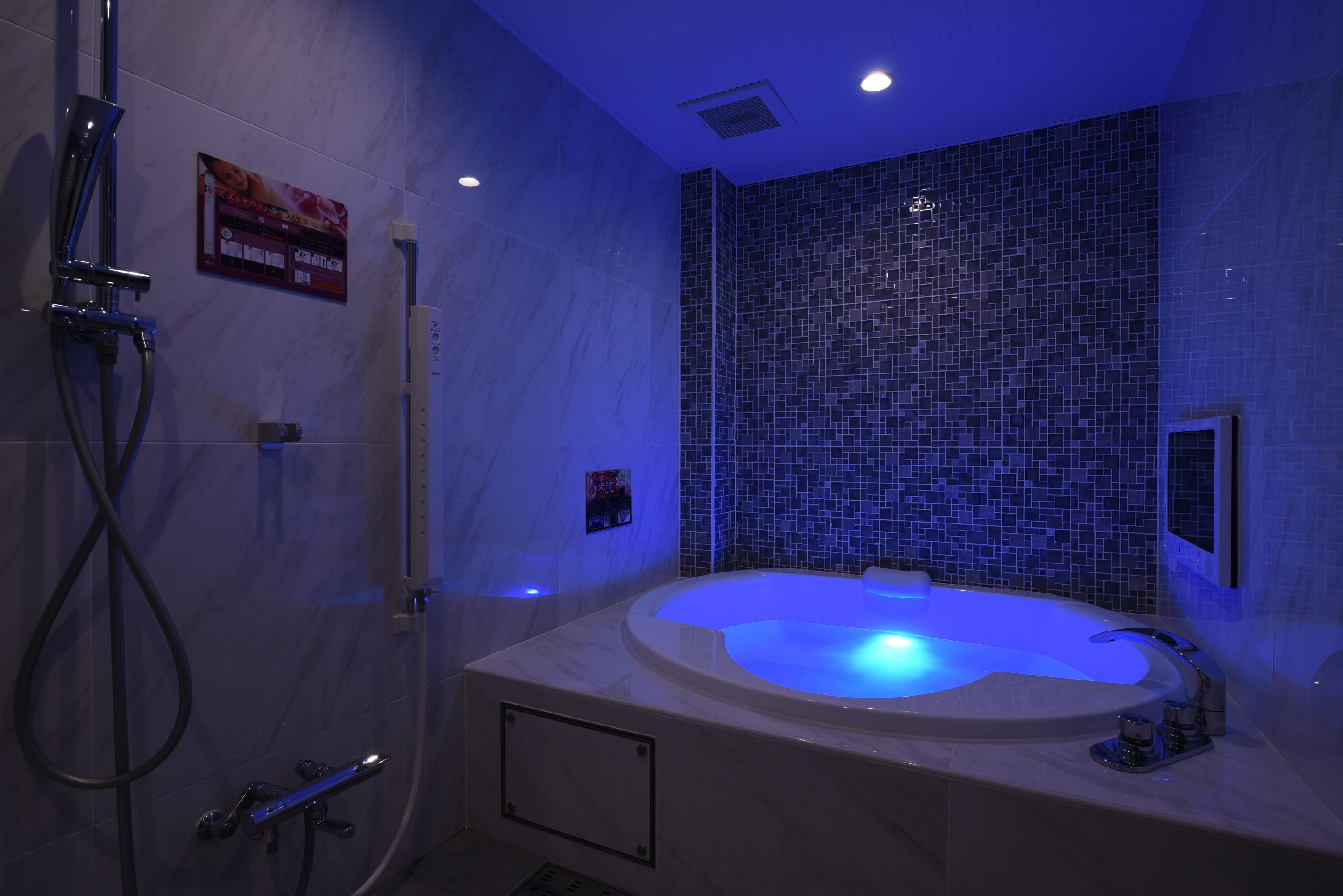 A modern bathroom with a large bathtub, a shower area, and a tiled wall.