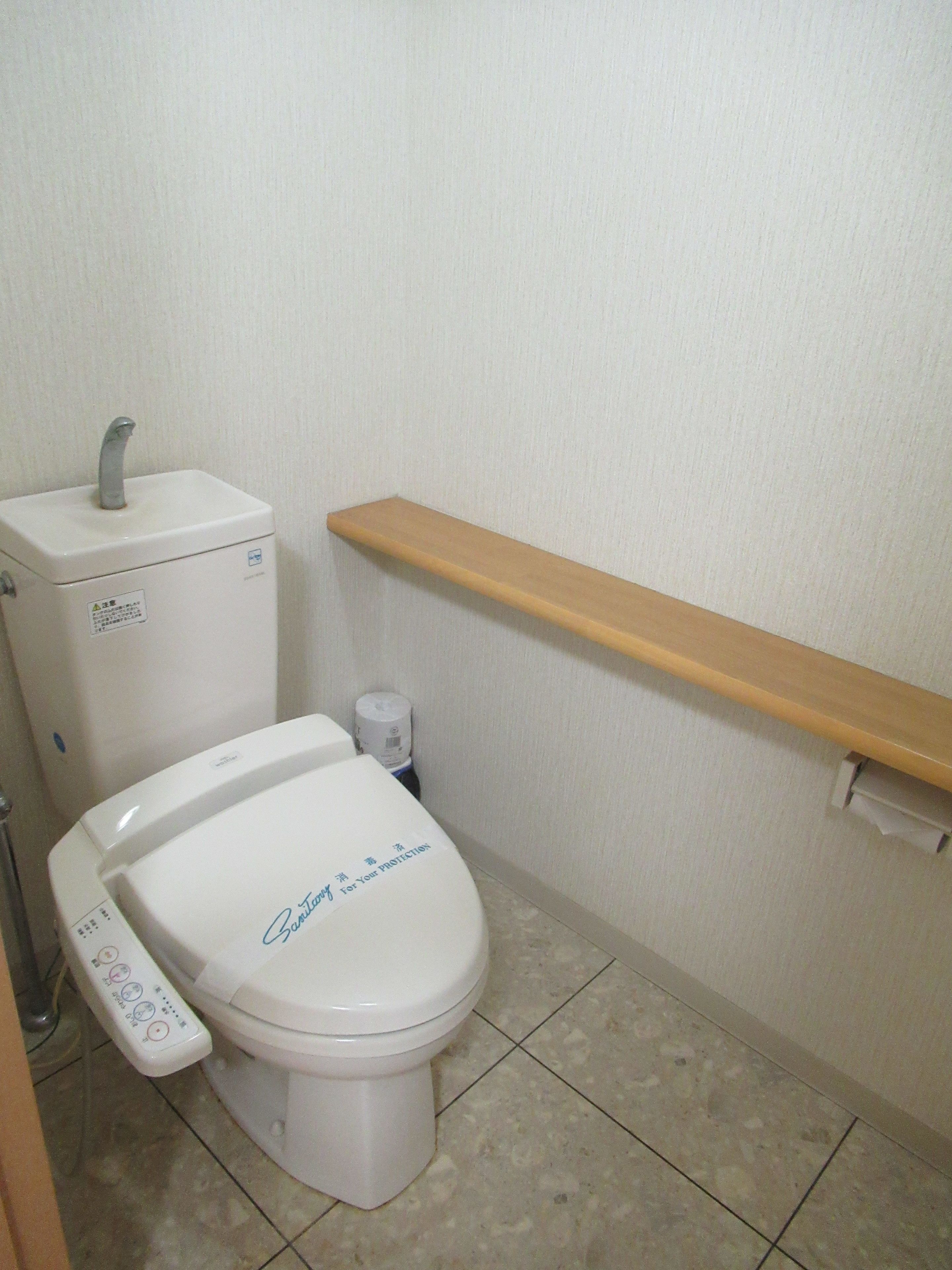 Een standaard wit toilet met bedieningspaneel en een tank, een houten plank erboven en een toiletrolhouder aan de rechterkant.
