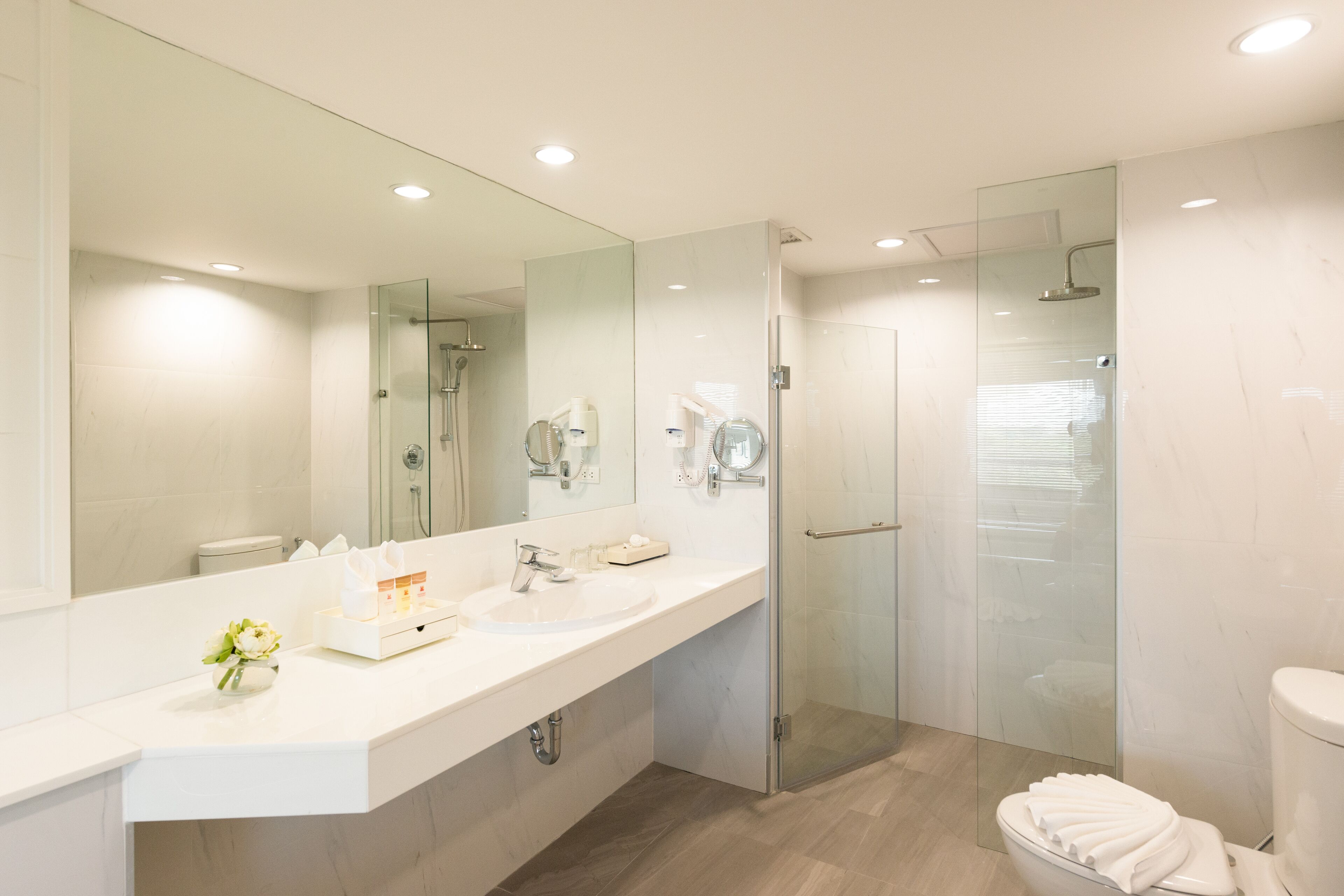 A modern bathroom with a large mirror, two sinks, a glass shower enclosure, and a toilet.