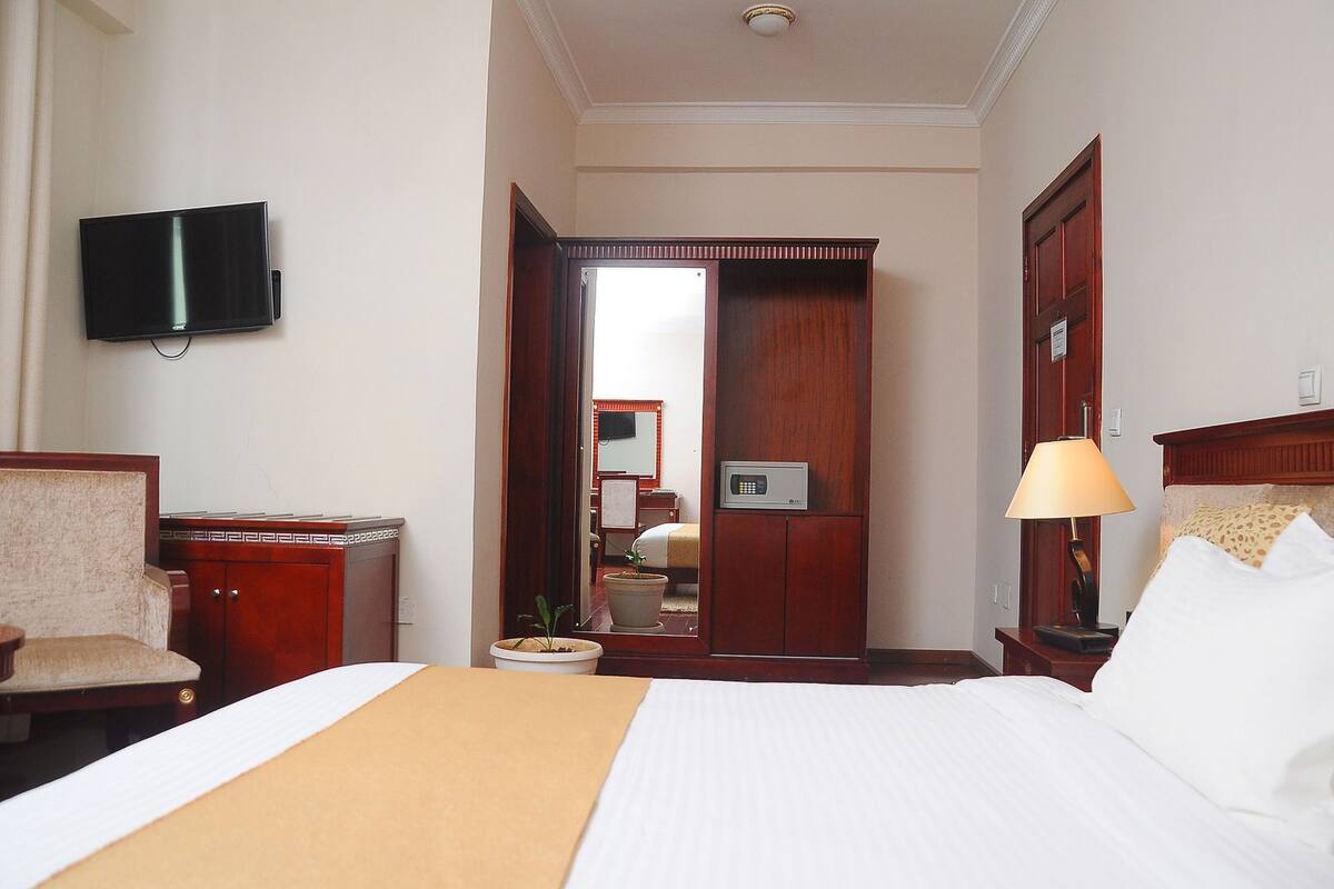 A hotel room with a bed, a television, a desk, a chair, a lamp, and a mirror.