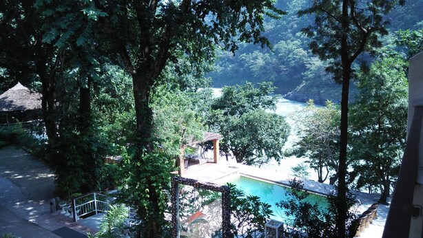 A pool area surrounded by trees, with a gazebo and a thatched-roof structure nearby. - Namami Ganges Resort (Narendranagar)