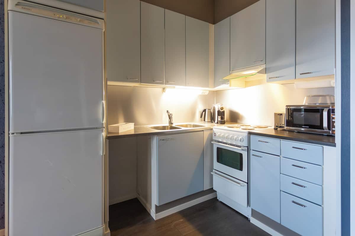 full-sized fridge, microwave, oven, stovetop