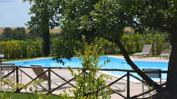 Seasonal outdoor pool, open 8:30 AM to 8:30 PM, pool umbrellas