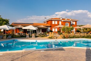 Seasonal outdoor pool, open 8:30 AM to 8:30 PM, pool umbrellas