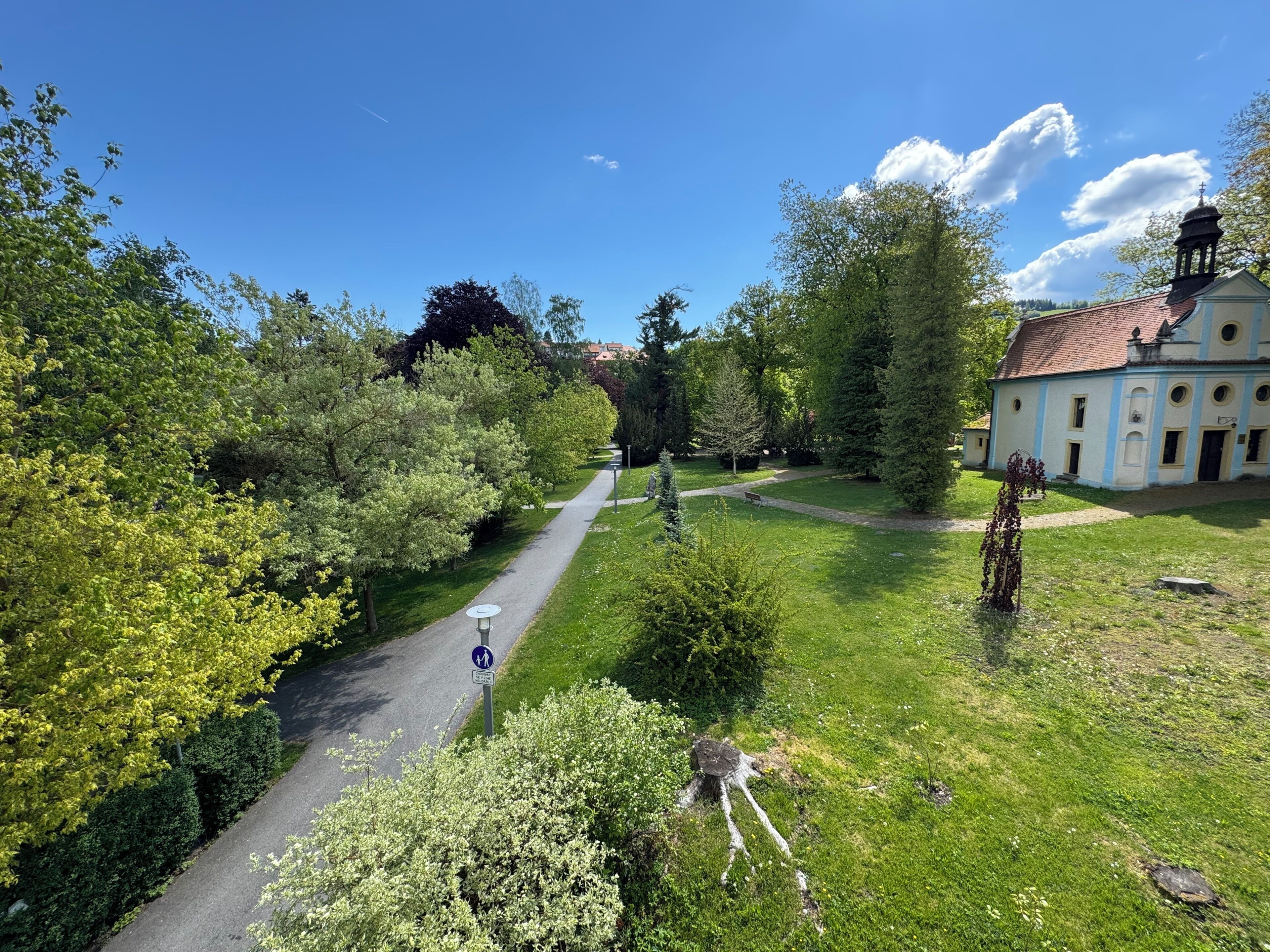 A pathway leading to a building with a bell tower, surrounded by greenery and trees.