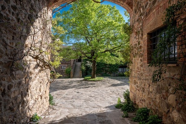 A stone courtyard with a tree, a staircase, and a brick wall.
