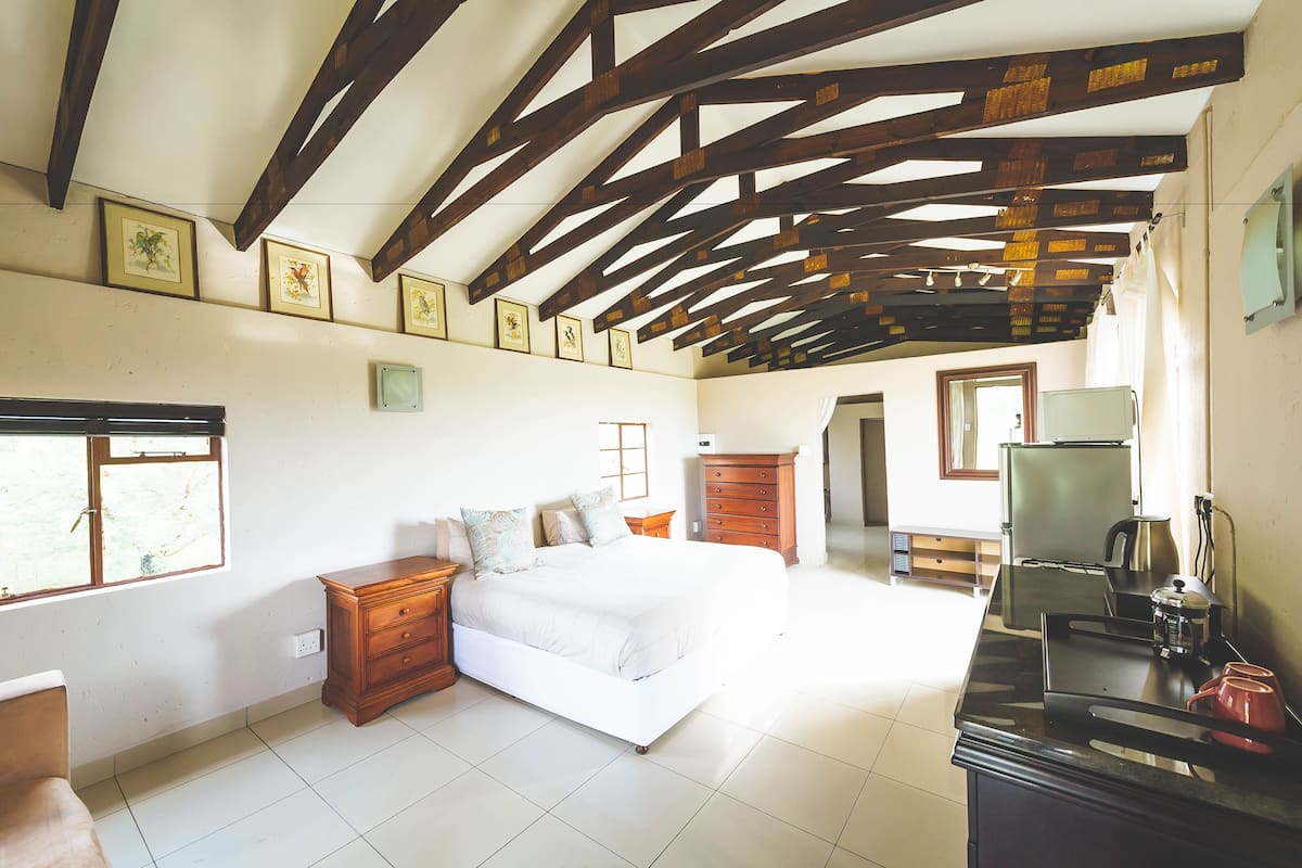 A bedroom with a bed, wooden dresser, and a kitchenette area.