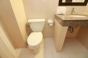 Combined shower/bathtub, free toiletries, hair dryer, slippers