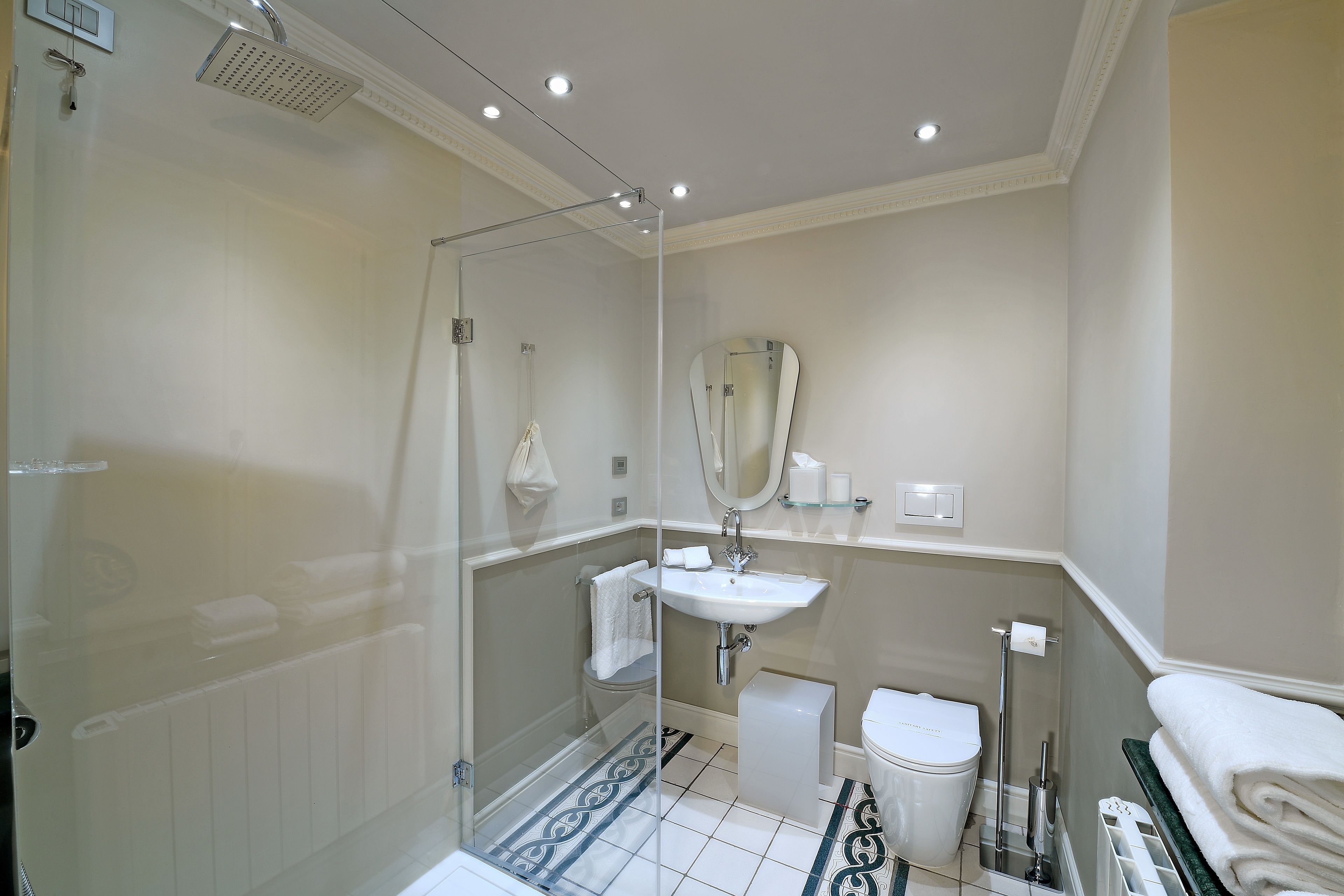 Un baño moderno con ducha envuelta en vidrio, un lavamanos blanco y un inodoro.