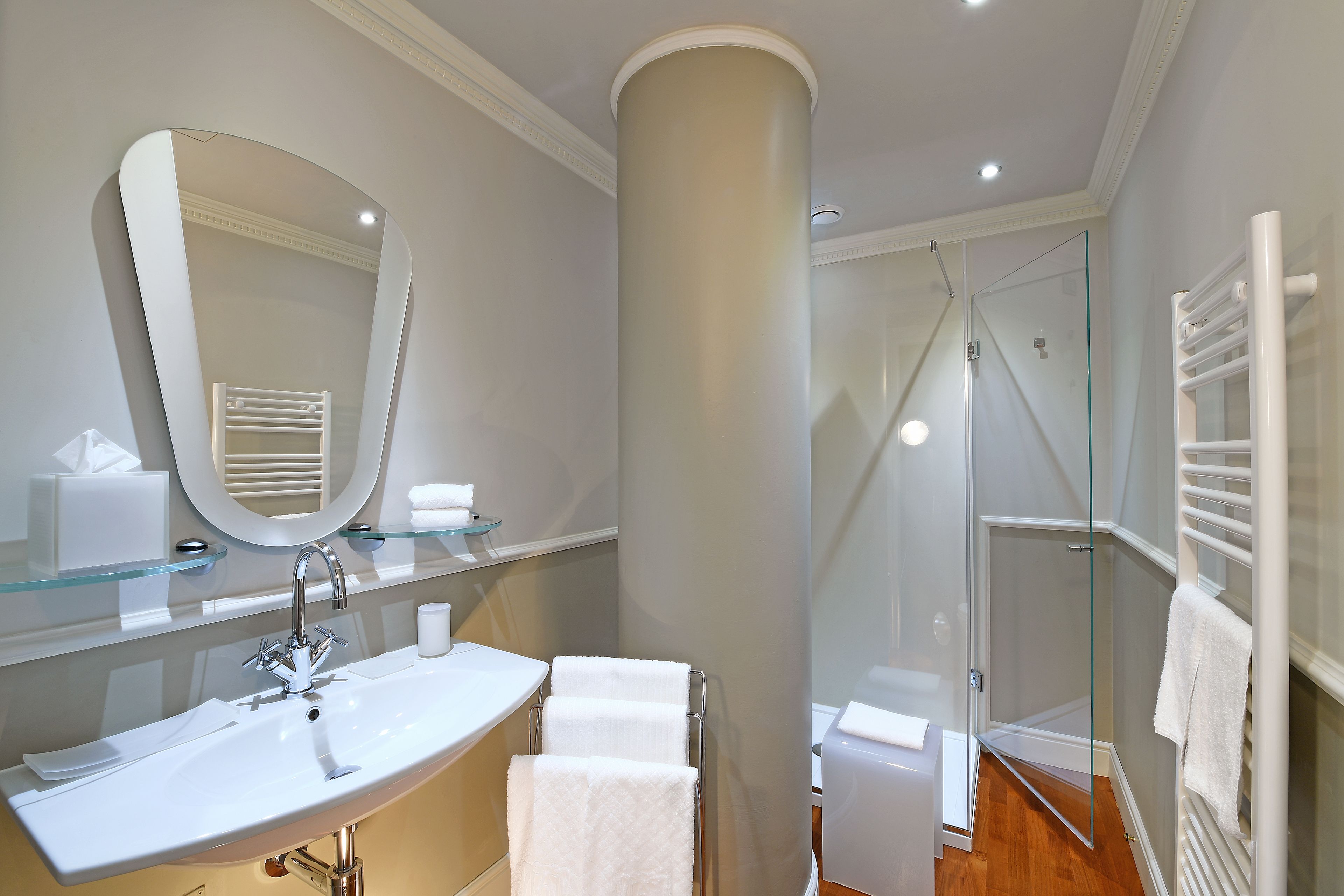 luxury room | bathroom | rainfall showerhead, free toiletries, hair dryer, bathrobes