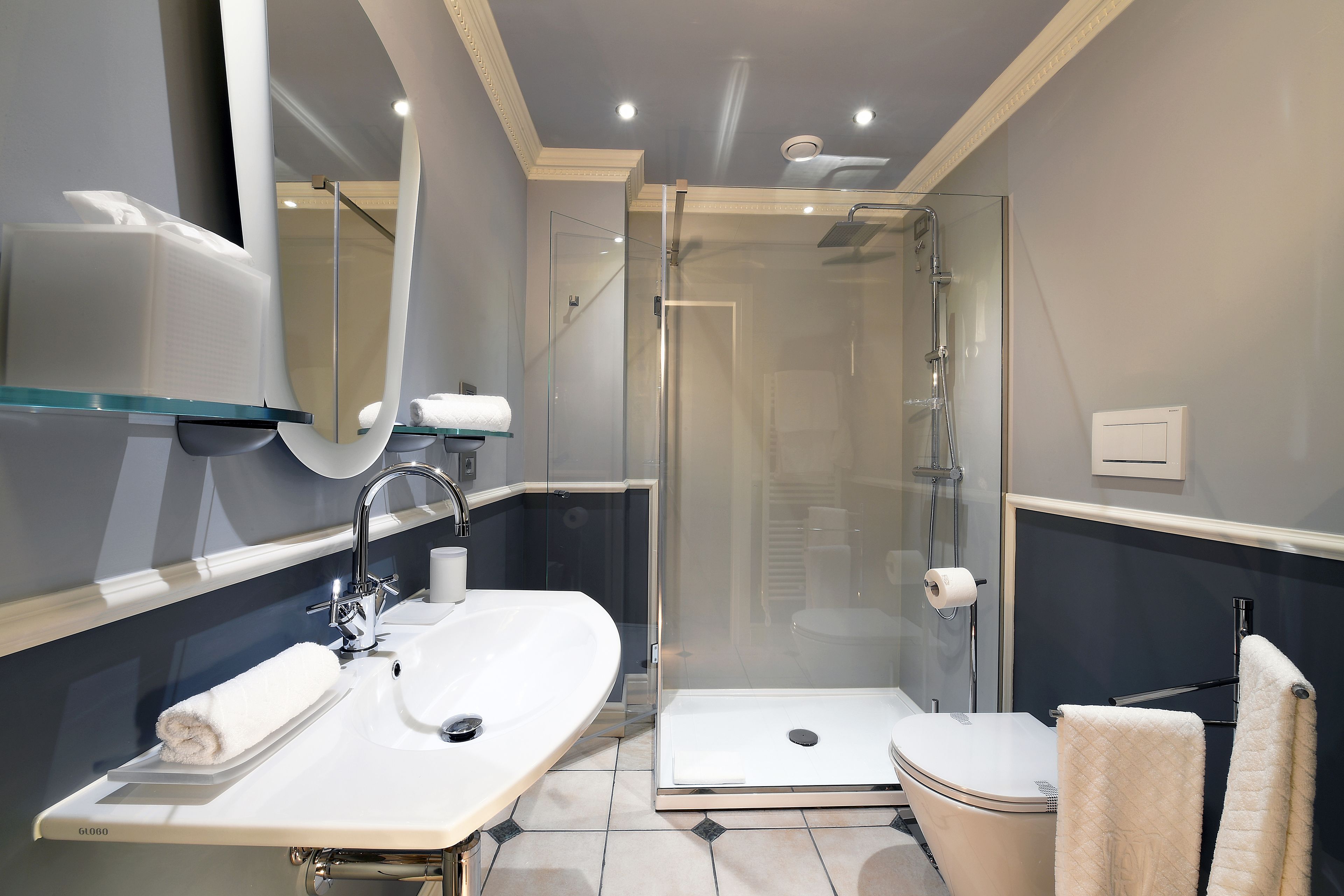 luxury room | bathroom | rainfall showerhead, free toiletries, hair dryer, bathrobes