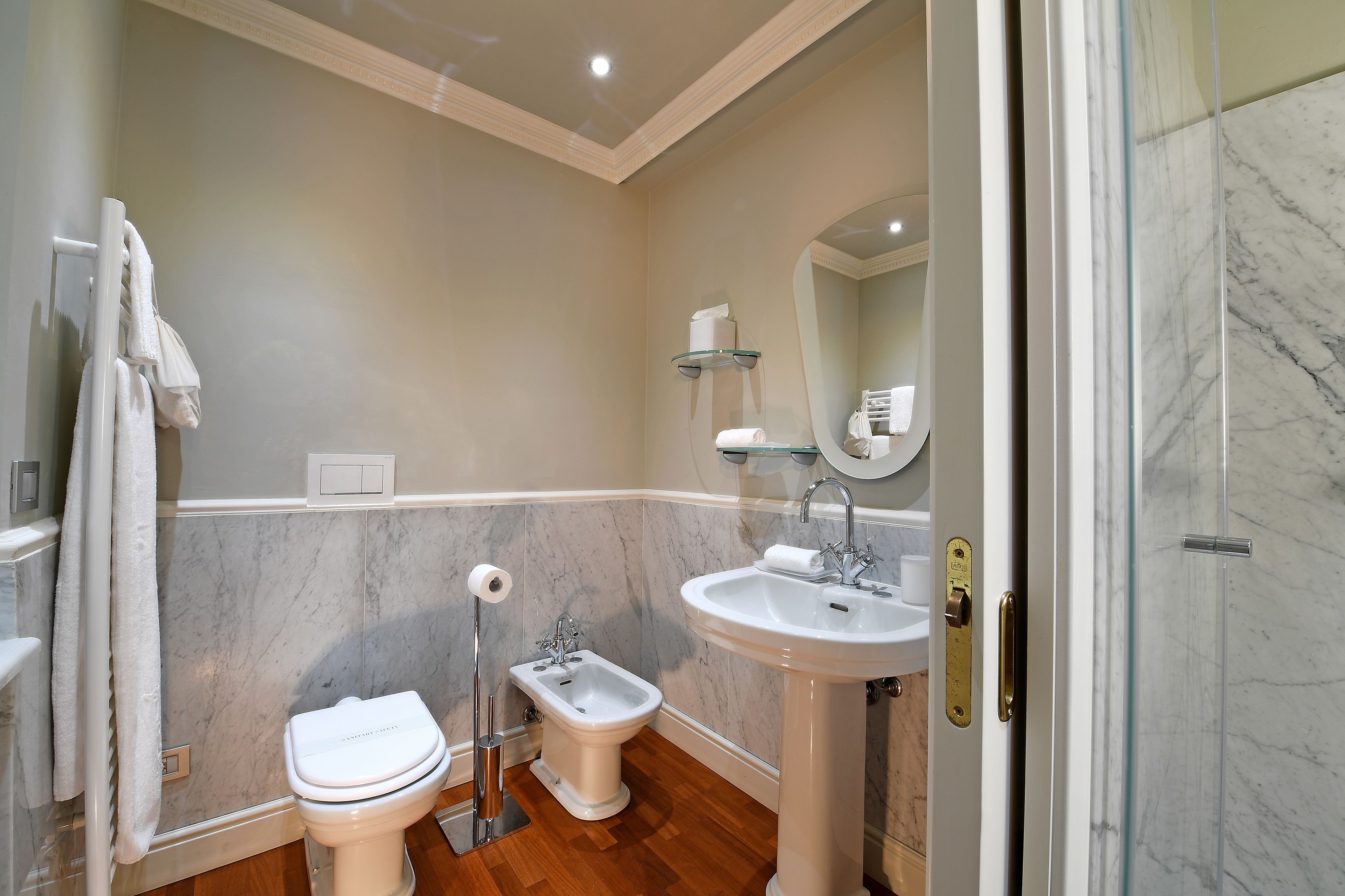 luxury room | bathroom | rainfall showerhead, free toiletries, hair dryer, bathrobes