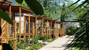 Una hilera de cabañas de madera con un paseo techado, rodeadas de abundante vegetación y un sendero pavimentado.