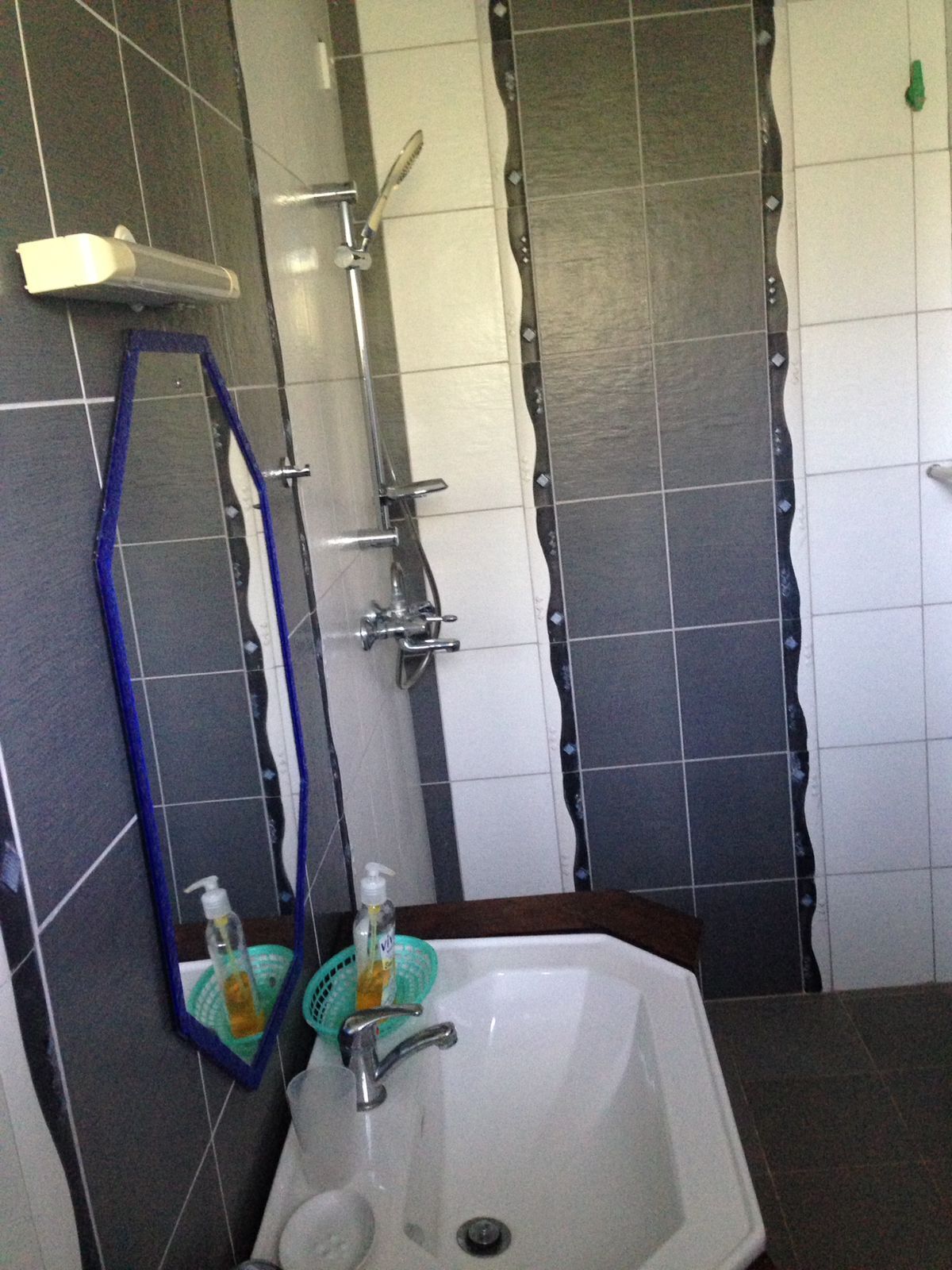 A bathroom with a white sink, a mirror, and a shower with a handheld showerhead.
