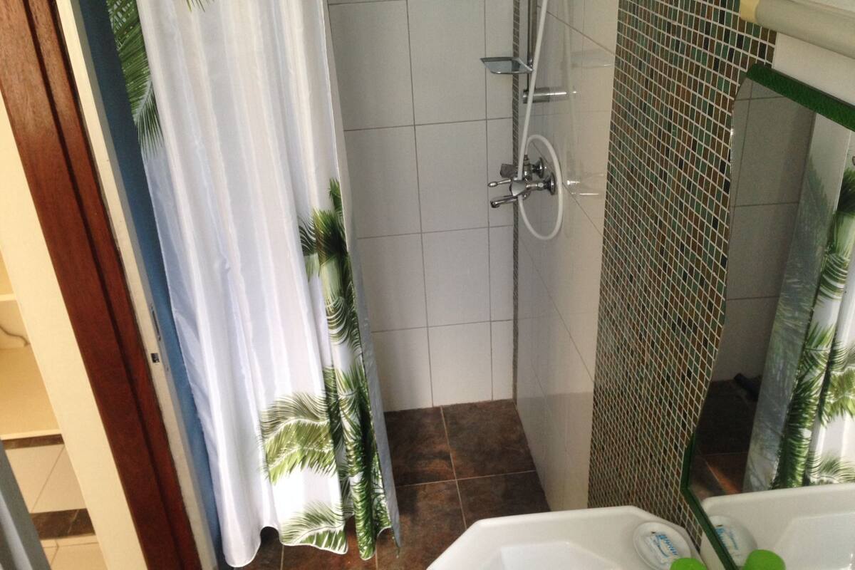 A bathroom with a shower, a sink with a mirror, and a toilet.