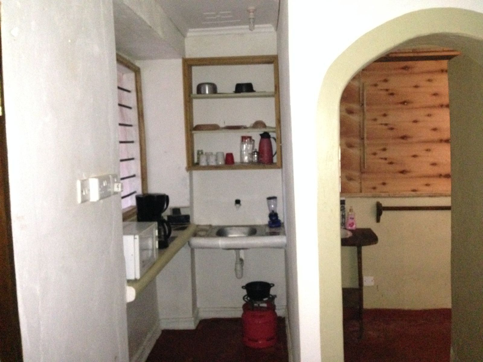 Una cocina compacta con un lavamanos, estantes y una estufa a gas.