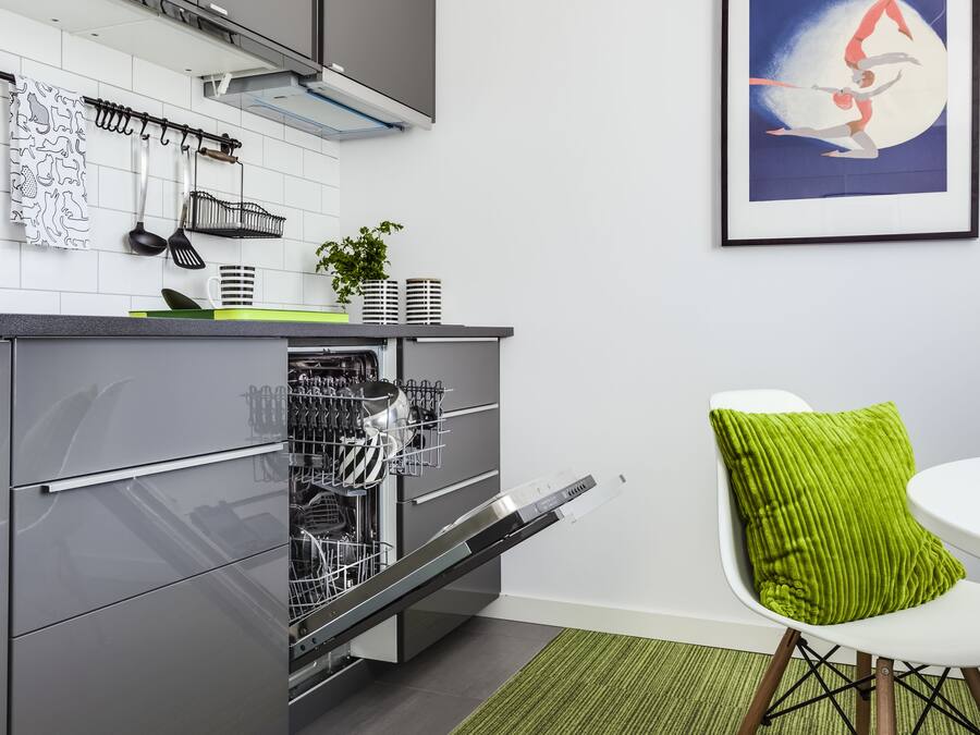 A modern kitchen with grey cabinetry, a dishwasher, and a green rug.
