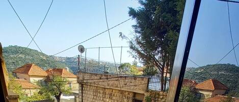 A balcony with a stone wall, a tiled floor, and a view of a residential area with houses and trees.