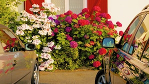 A car parked in front of a building with a red door and a flower bed with pink and red flowers. - Chambres D'Hôtes Garicoitz (Saint-Jean-Pied-de-Port)