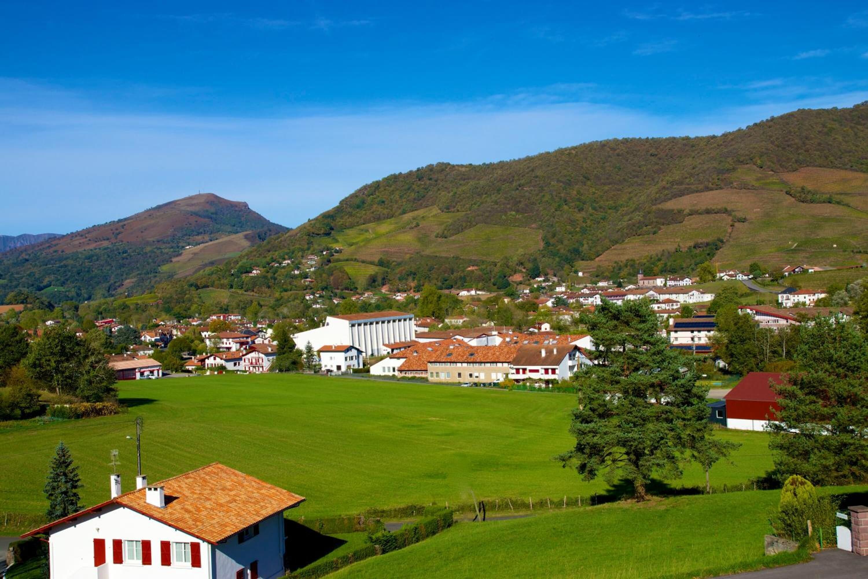 A rural village with houses and a large building, surrounded by green fields and hills.
