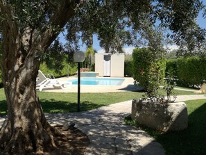 A backyard with a swimming pool, a tree, and a small shed. - La Lantana (Ragusa)