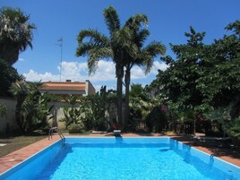 Una piscina rodeada de palmeras y follaje, bajo un cielo azul despejado.