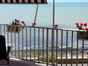Un balcon doté de balustrades en métal surplombe une côte rocheuse battue par les vagues. Des jardinières contenant des fleurs rouges sont posées sur la balustrade.