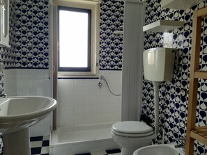Une salle de bain avec des toilettes blanches, un lavabo et une douche.