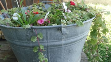 A large metal bucket filled with various plants and flowers, placed on a wooden deck.