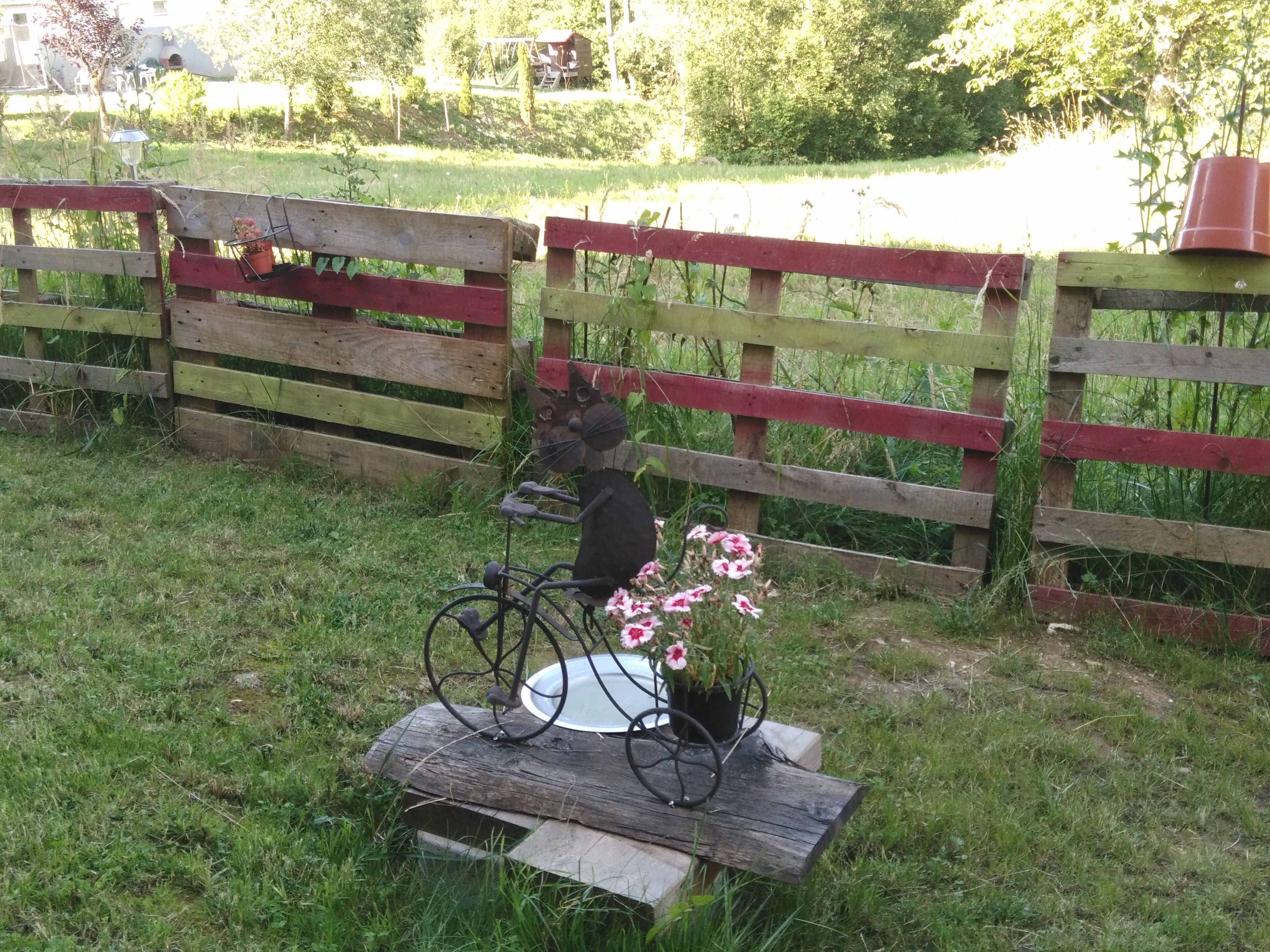 Un décor extérieur rustique, avec une clôture en bois, un chat noir assis sur un vélo et un vase de fleurs posé sur une table en bois.