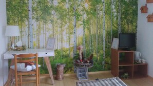 A room with a forest-themed wallpaper, a desk with a lamp, a chair, a television on a stand, and a small shelf with decorative items. - Chambres d'hôtes Souffle Nature  (Montenois)