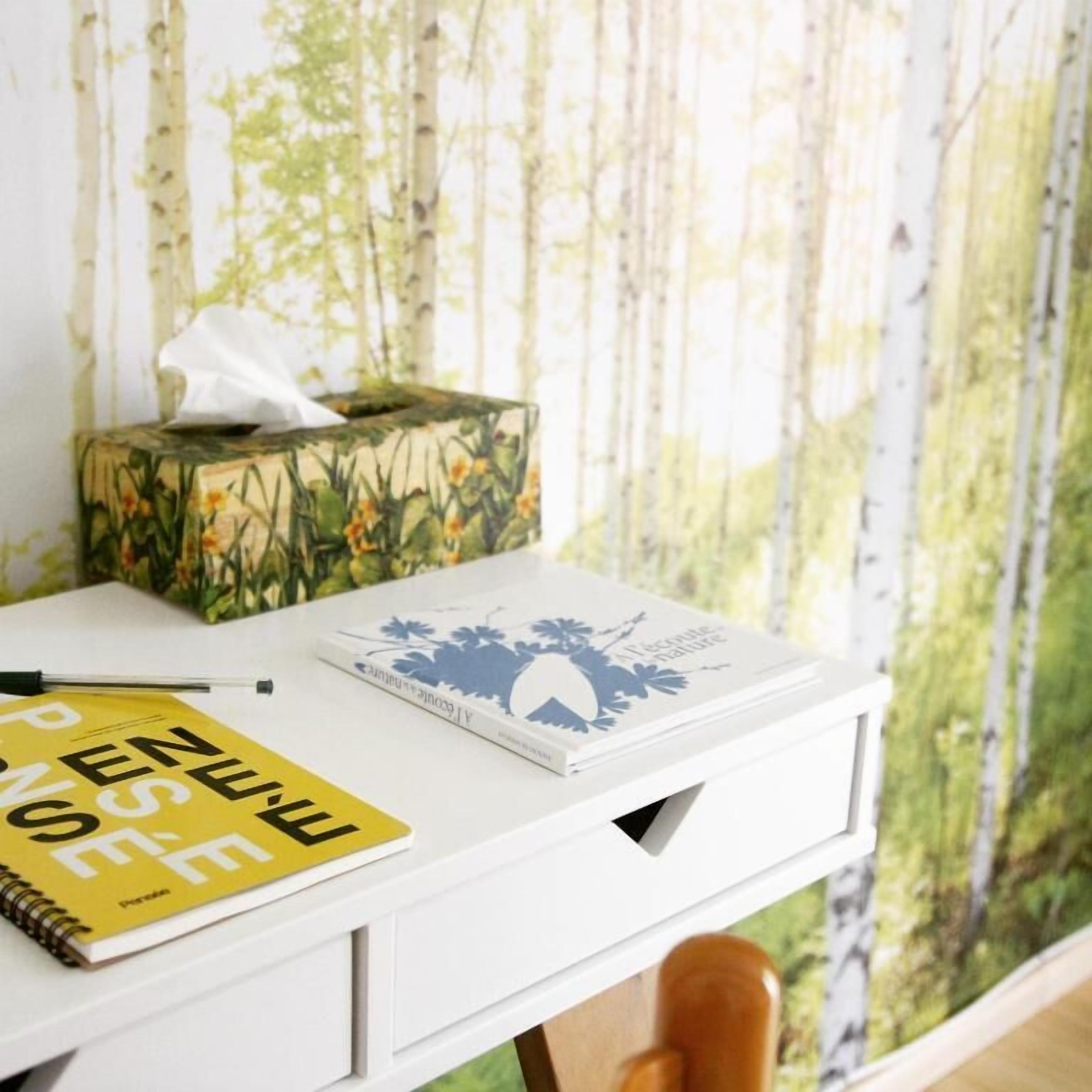 Un bureau avec une boîte de mouchoirs, un carnet et un livre.