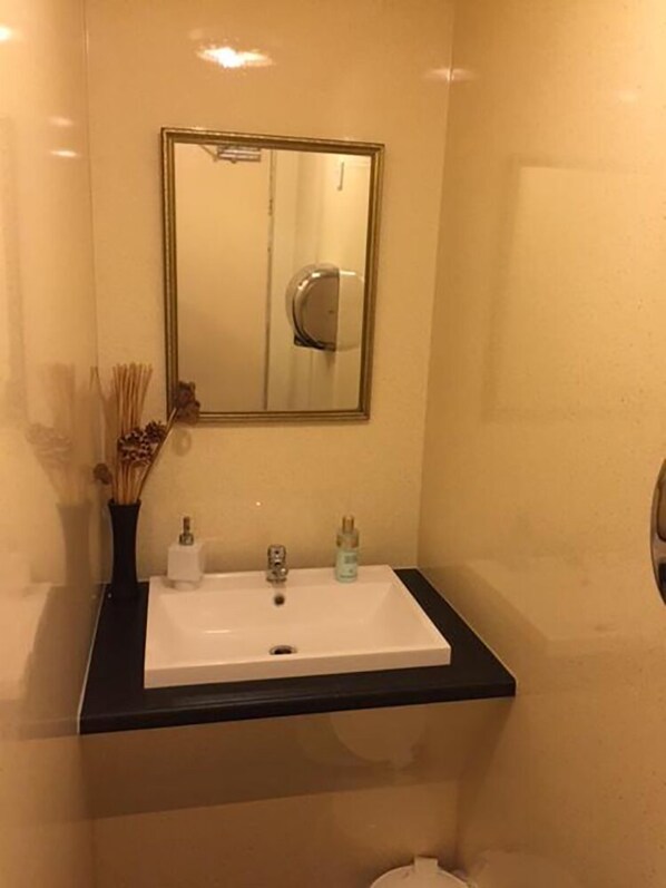 Un baño con un lavabo blanco, un espejo con marco dorado y una encimera negra.