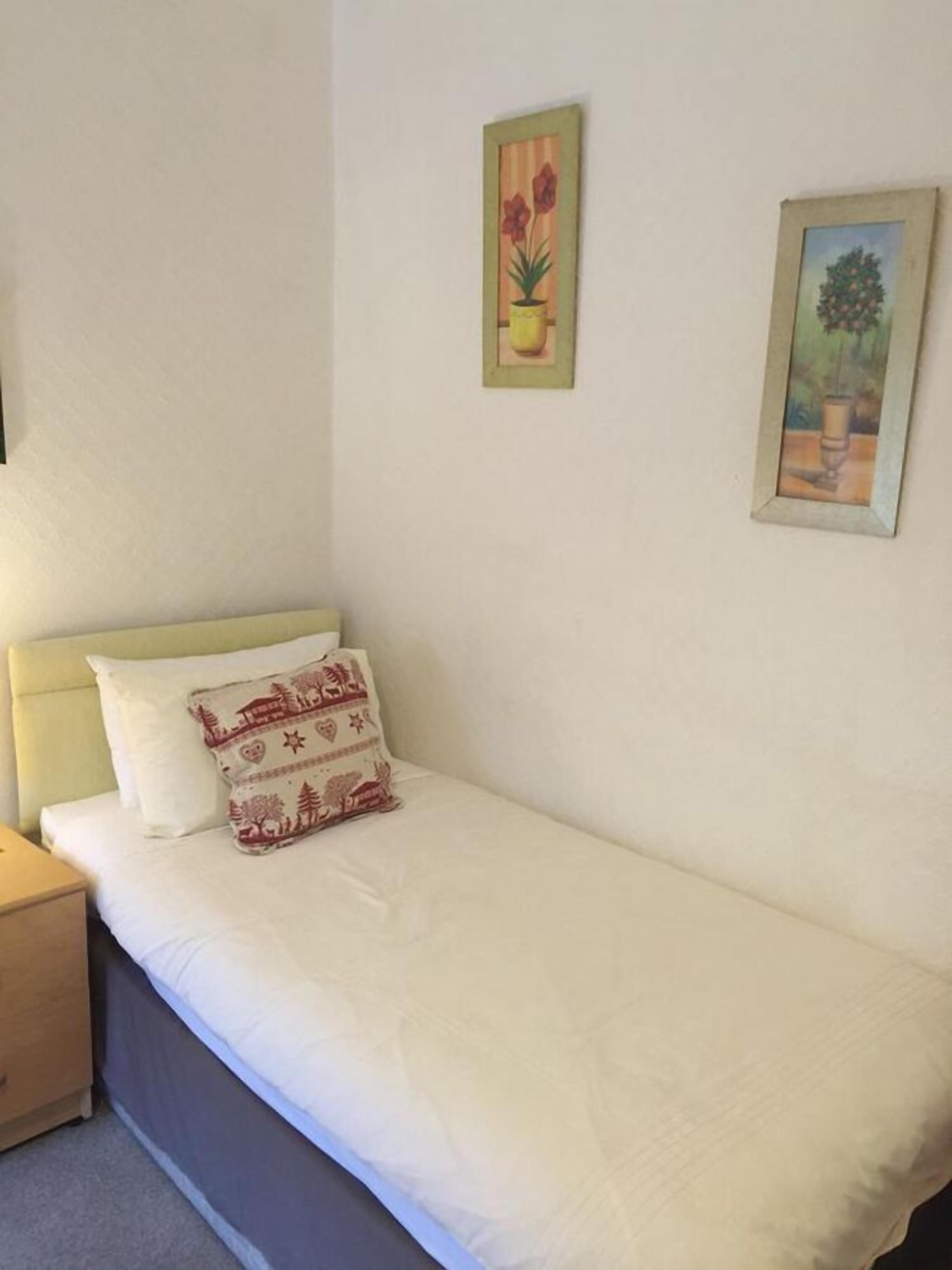 Una cama pequeña y bien hecha, con un colchón blanco y un cojín decorativo, una mesita de noche de madera a la izquierda y dos cuadros en la pared.