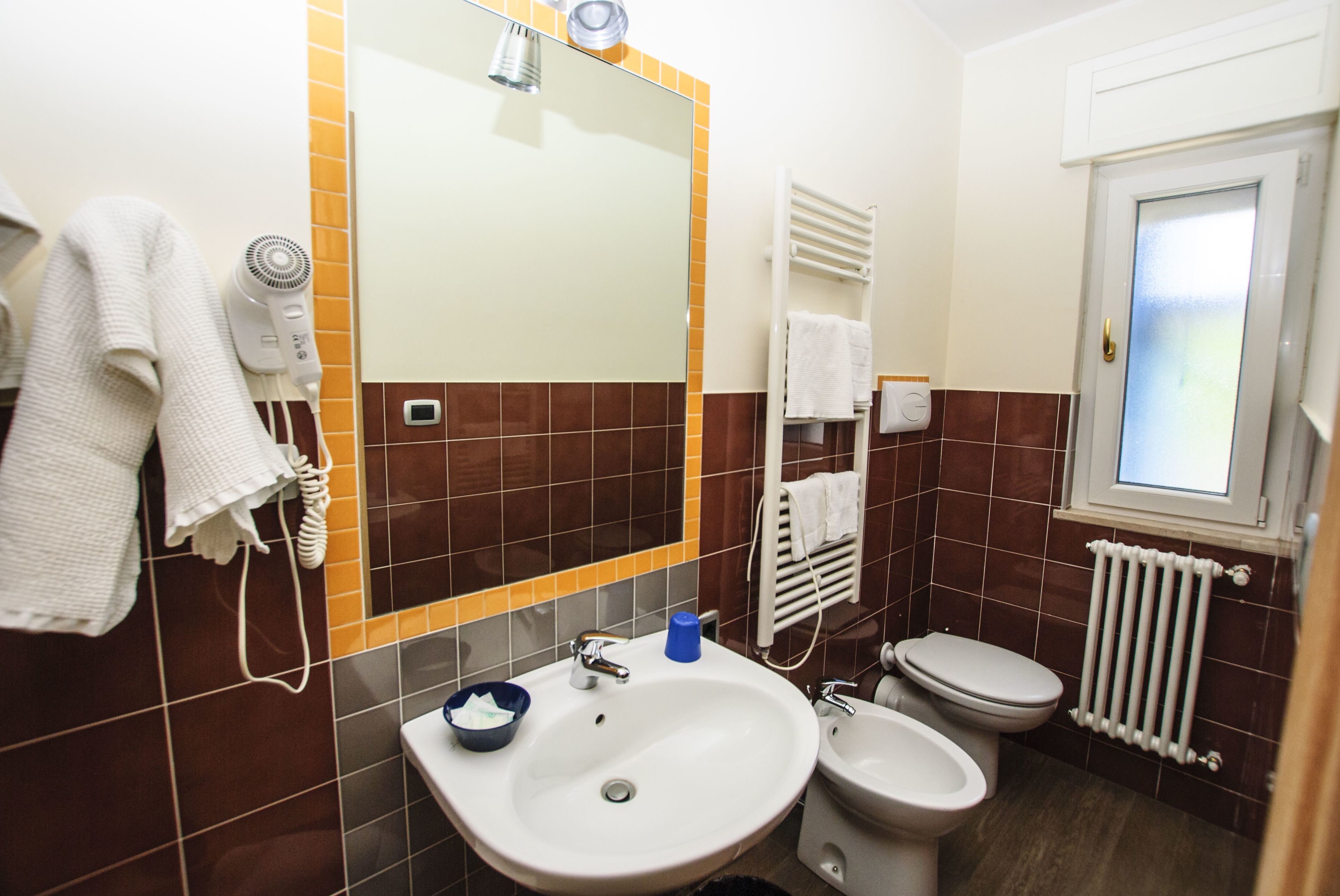 A bathroom with a sink, toilet, and hairdryer.