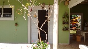 A green building with a white door, a small garden area with a tree and flowers, and a shelf with various items. - Hostel Clube da Aventura (Conde)