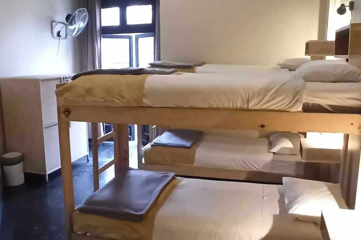 A dormitory room with bunk beds, a desk, a chair, a fan, and a window.