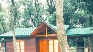 Un rifugio rustico con tetto verde, esterno in legno e una porta centrale.