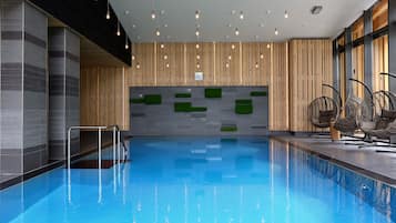 Indoor pool, open 11:30 AM to 10:00 PM, pool loungers
