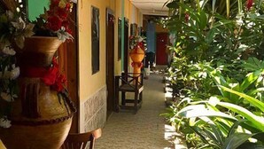 A corridor with tiled flooring, potted plants, and a tiled wall with a number '2' visible. - Hotel Economico (Roatan)