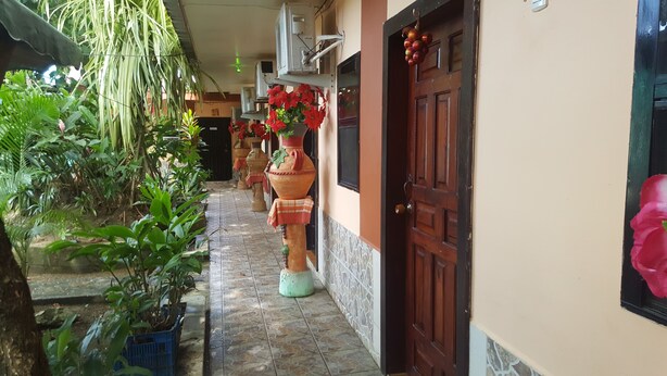A narrow hallway with tiled flooring, potted plants, and a large decorative pot with red flowers. - Hotel Economico (Roatan)
