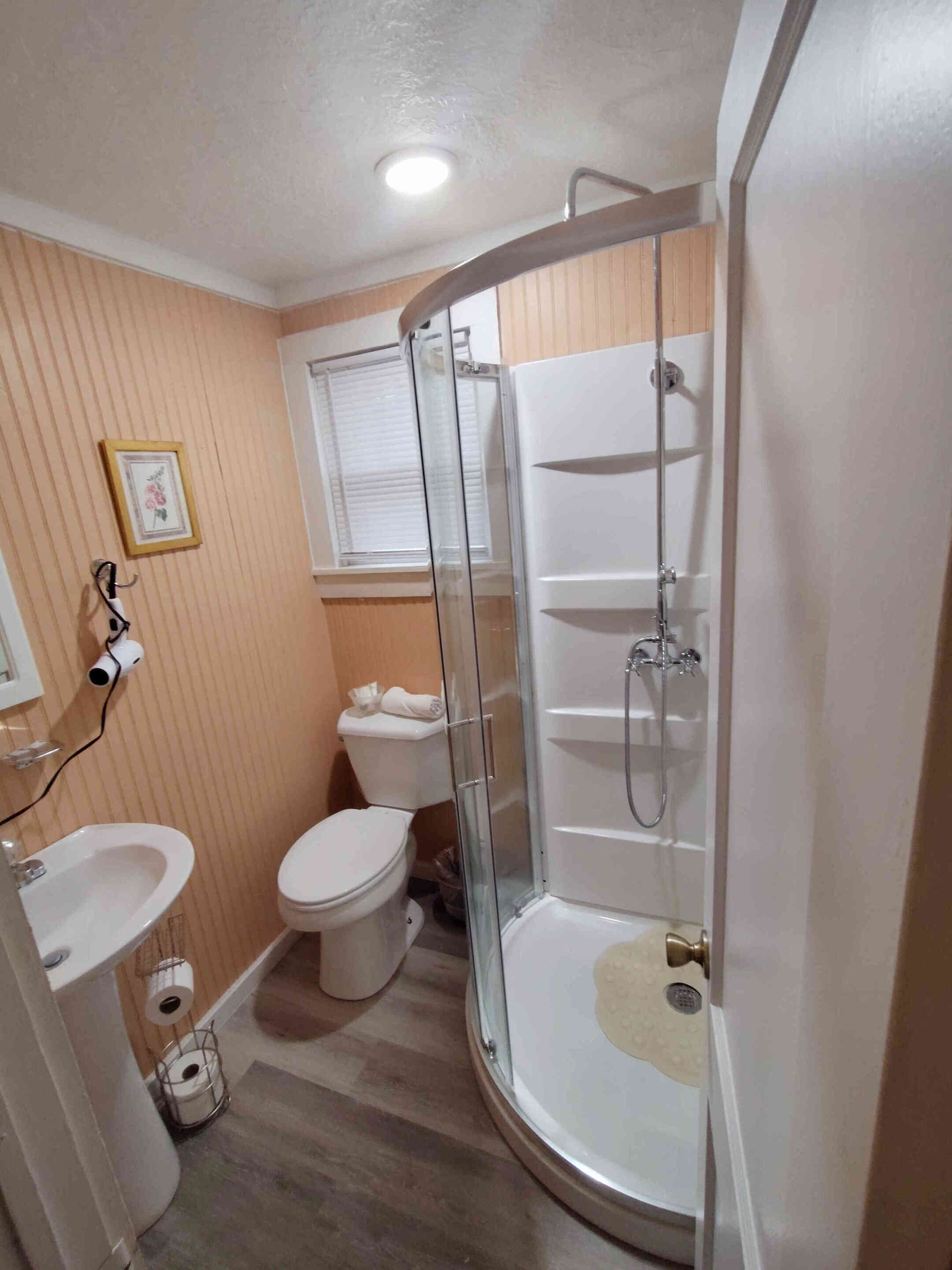 Un baño con ducha de vidrio, inodoro, lavamanos y un cuadro en la pared.