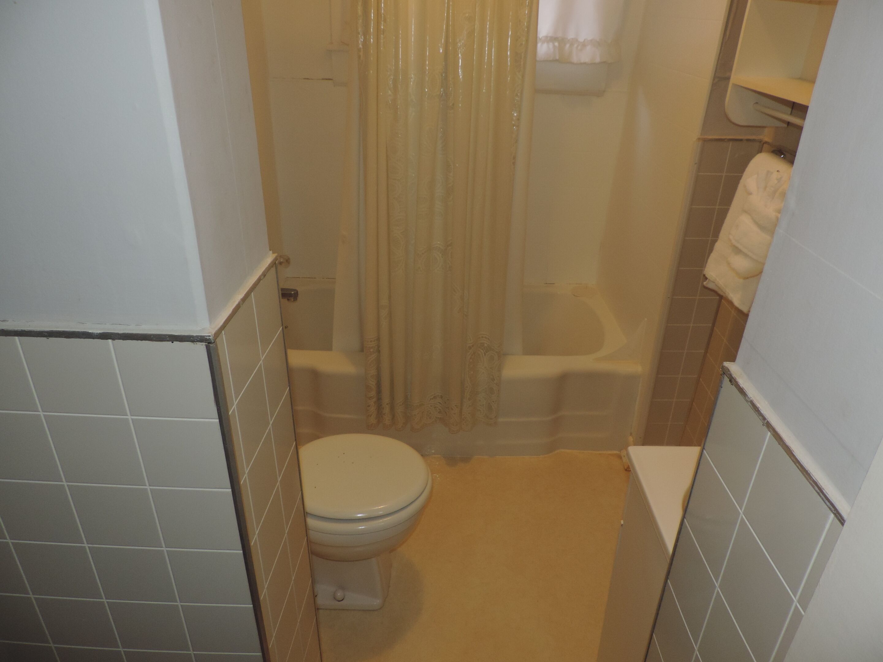 Un baño pequeño con inodoro, bañera y cortina de ducha.
