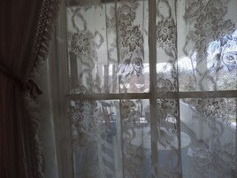 A window with intricate floral lace patterns and a wooden frame.