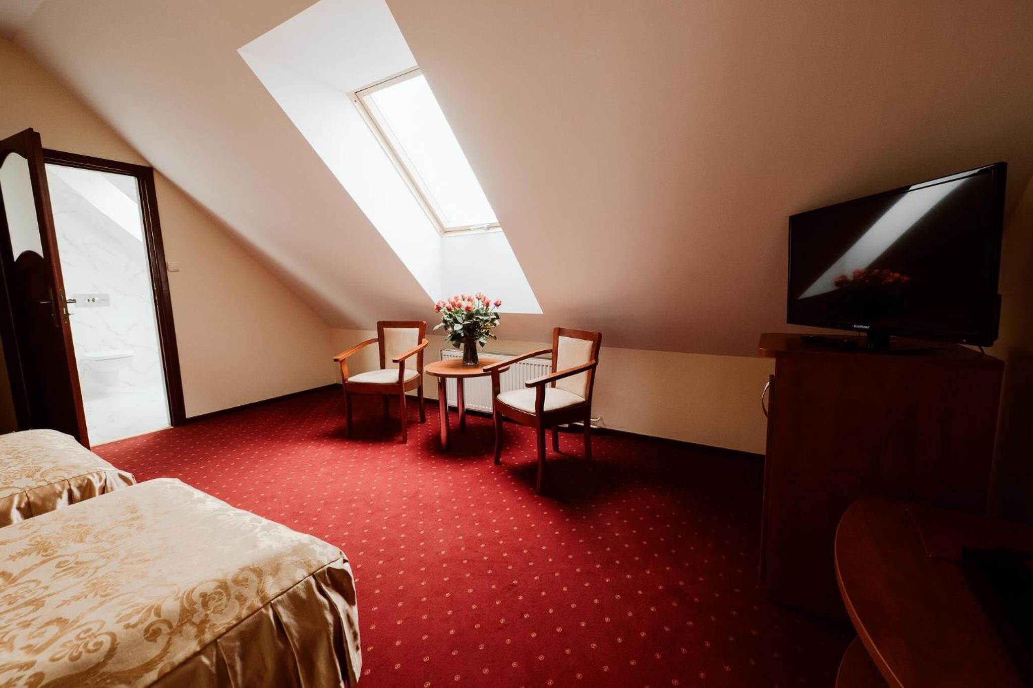 A room with a red carpet, a bed, a TV, a table with chairs, and a skylight.