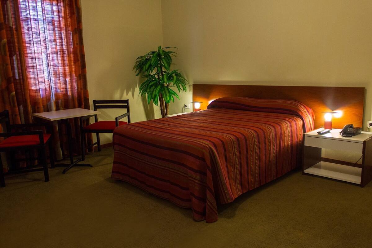 Ein Hotelzimmer mit einem Bett, einem Schreibtisch, einem Stuhl, einem Nachttisch mit Telefon und einer Topfpflanze.
