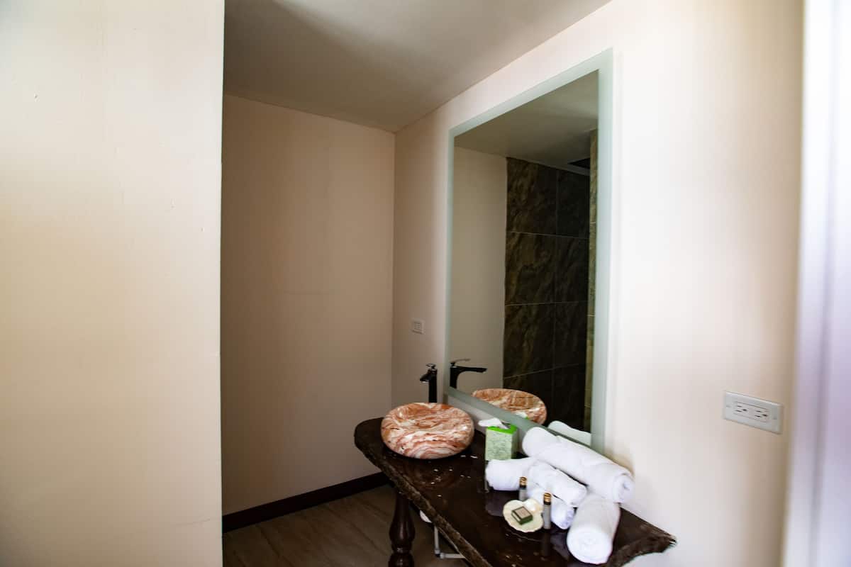 standard suite, 1 queen bed | bathroom | shower, free toiletries, hair dryer, towels
